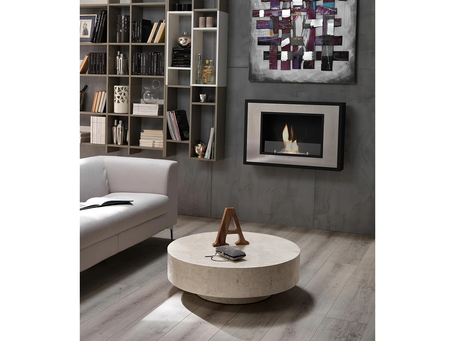 Runda 1 - Stolik kawowy (85 x 85 x 28h) z beżowego kamienia kopalnego