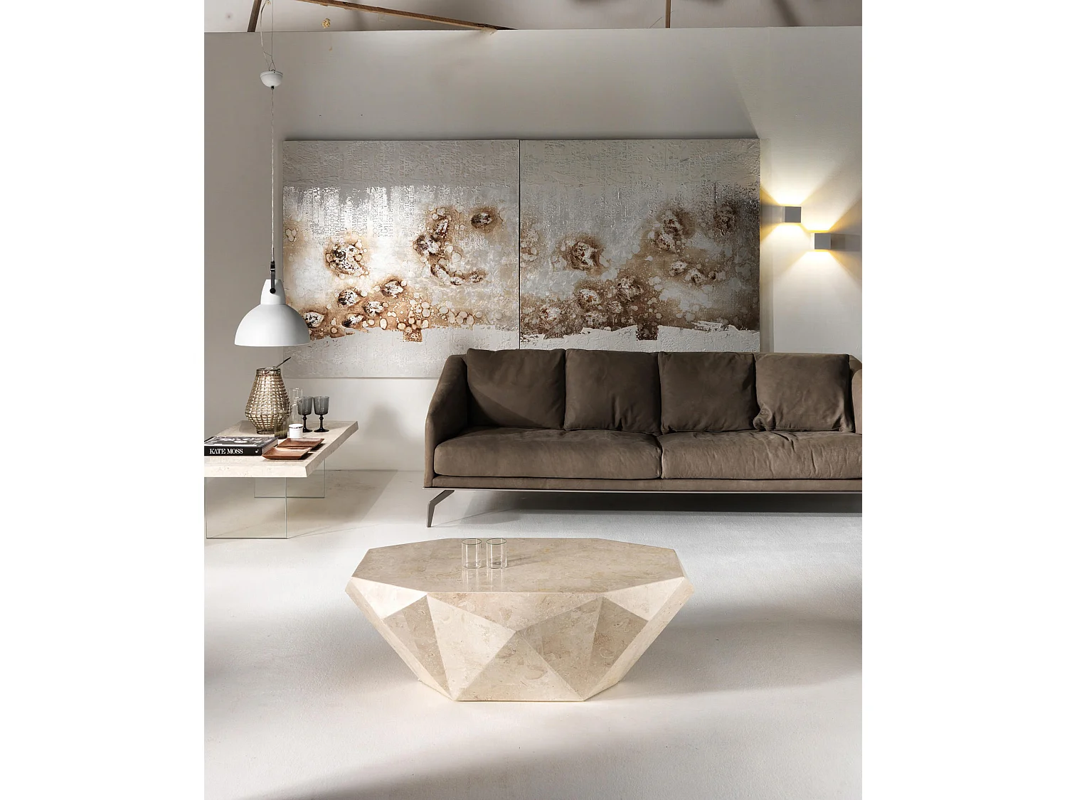 Diamond medium Table basse (120 x 70 x 40h) en pierre fossile beige