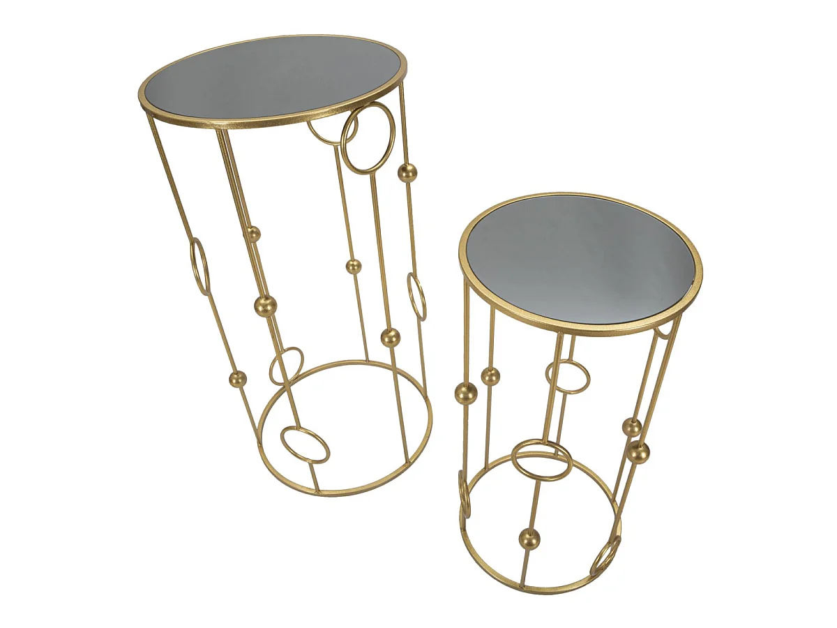 Coppia Tavolini CAGE Rotondi Ø 50x100 e 40x80 cm - Tavolini da Salotto in Metallo Dorato e Vetro a Specchio con Decorazioni - Stile Glam