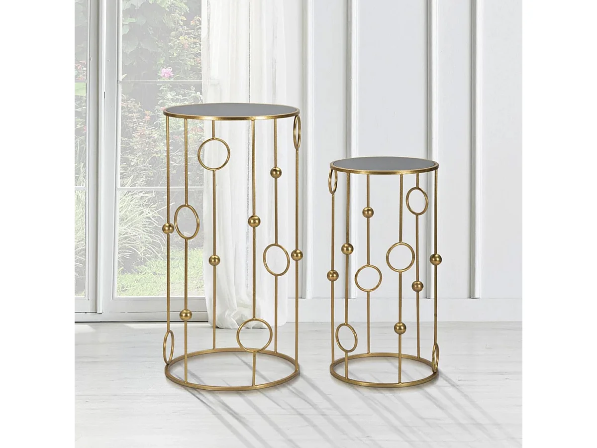 Coppia Tavolini CAGE Rotondi Ø 50x100 e 40x80 cm - Tavolini da Salotto in Metallo Dorato e Vetro a Specchio con Decorazioni - Stile Glam