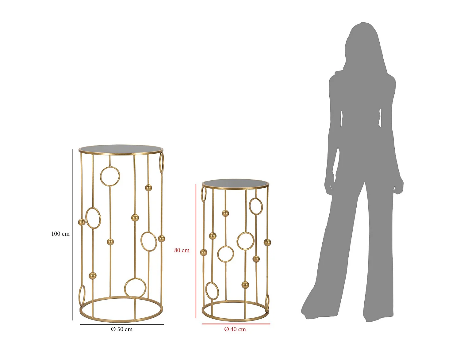 Coppia Tavolini CAGE Rotondi Ø 50x100 e 40x80 cm - Tavolini da Salotto in Metallo Dorato e Vetro a Specchio con Decorazioni - Stile Glam