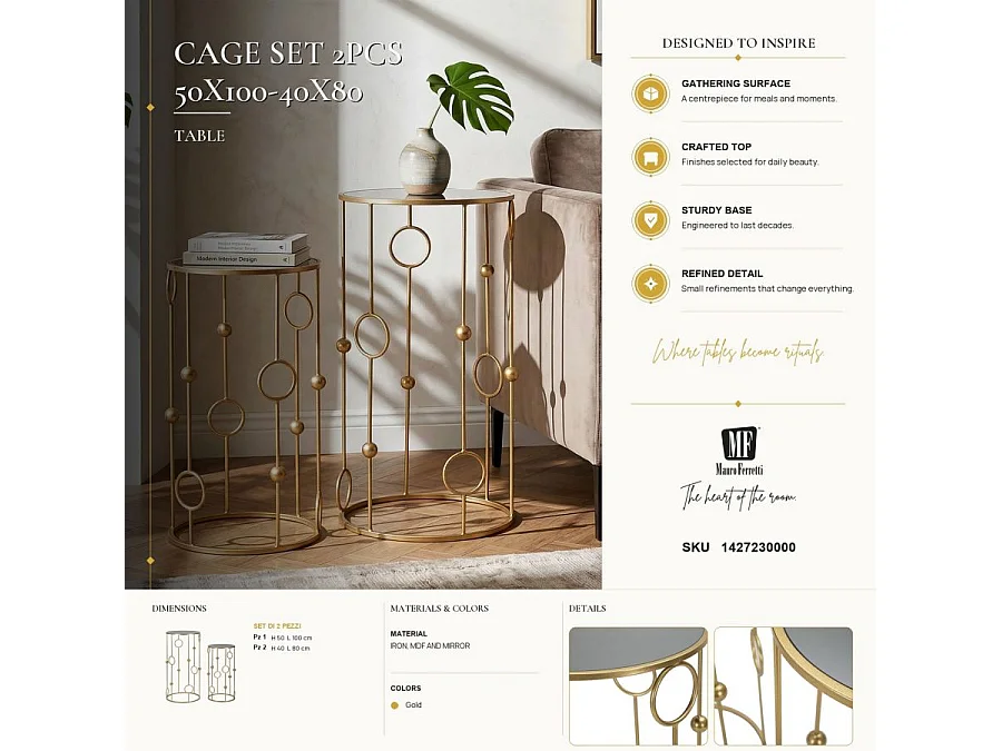 Coppia Tavolini CAGE Rotondi Ø 50x100 e 40x80 cm - Tavolini da Salotto in Metallo Dorato e Vetro a Specchio con Decorazioni - Stile Glam