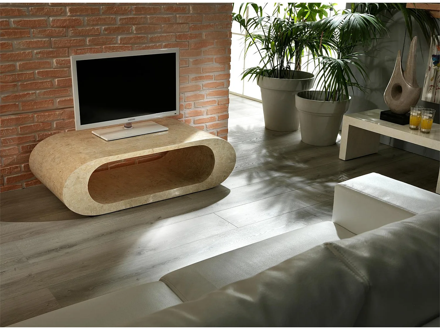 Sandu Table basse (120 x 62 x 35h) en pierre fossile beige