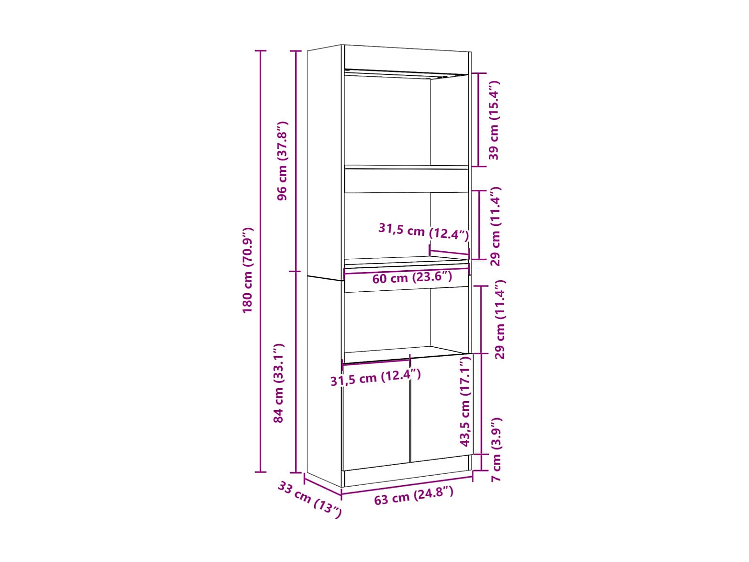 Buffet haut 63x33x180 cm blanc bois d'ingénierie