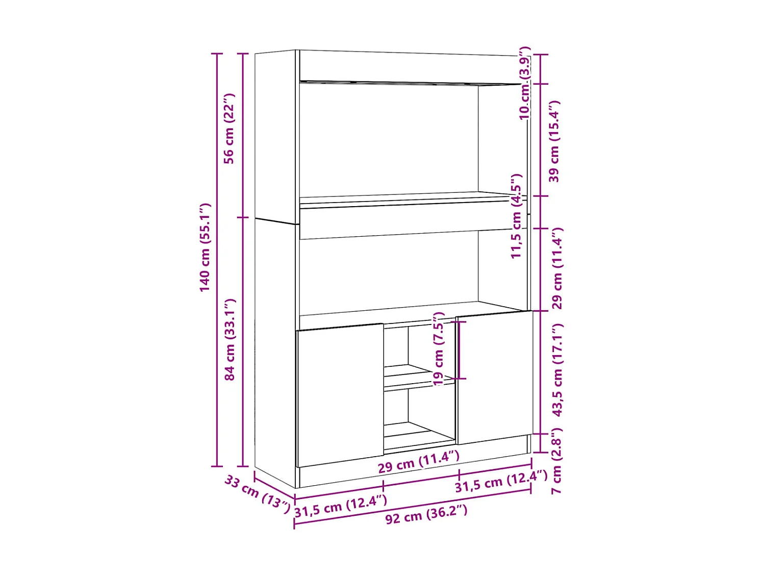 Buffet haut blanc 92x33x140 cm bois d'ingénierie