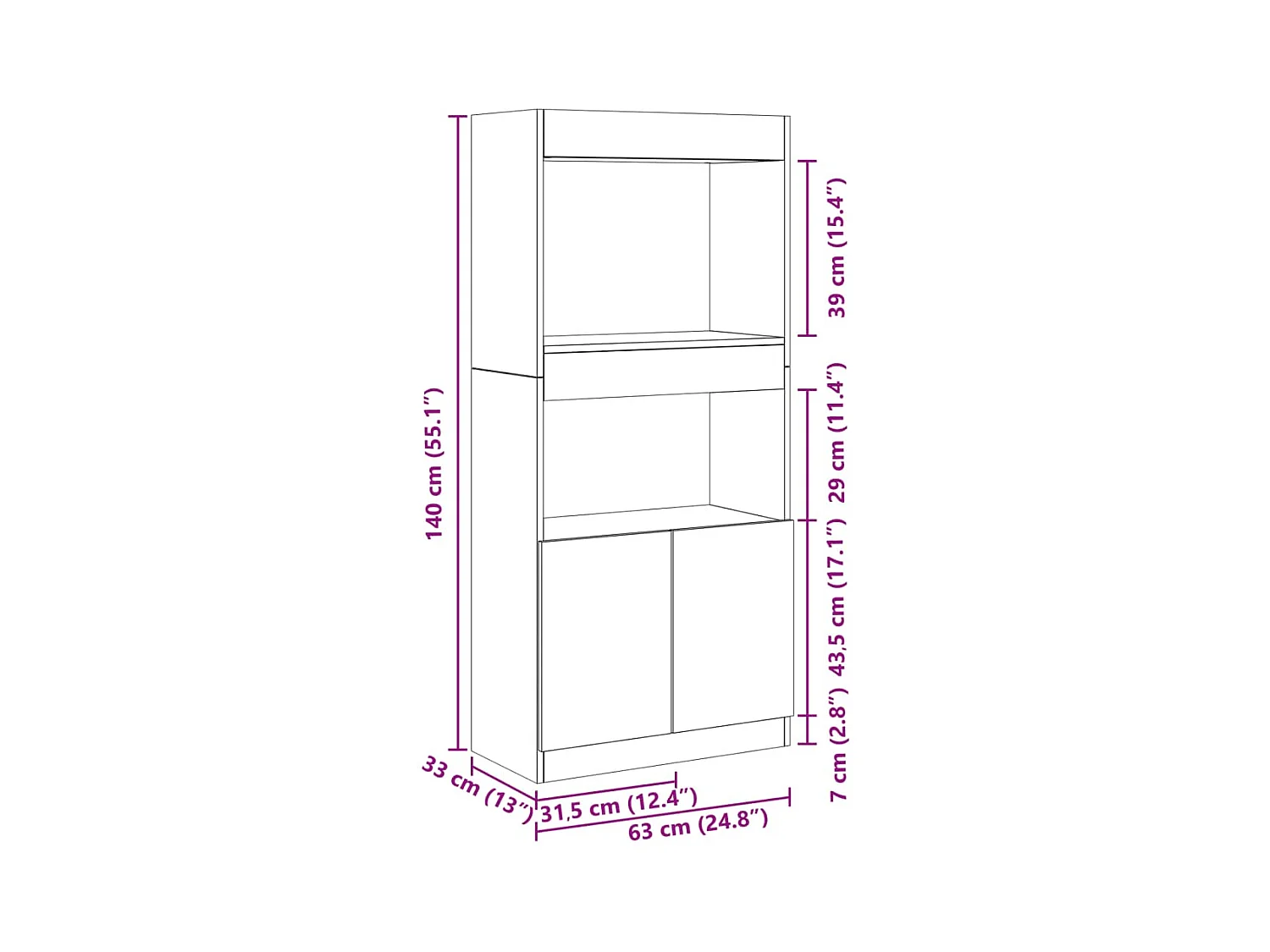 Buffet haut chêne marron 63x33x140 cm bois d'ingénierie