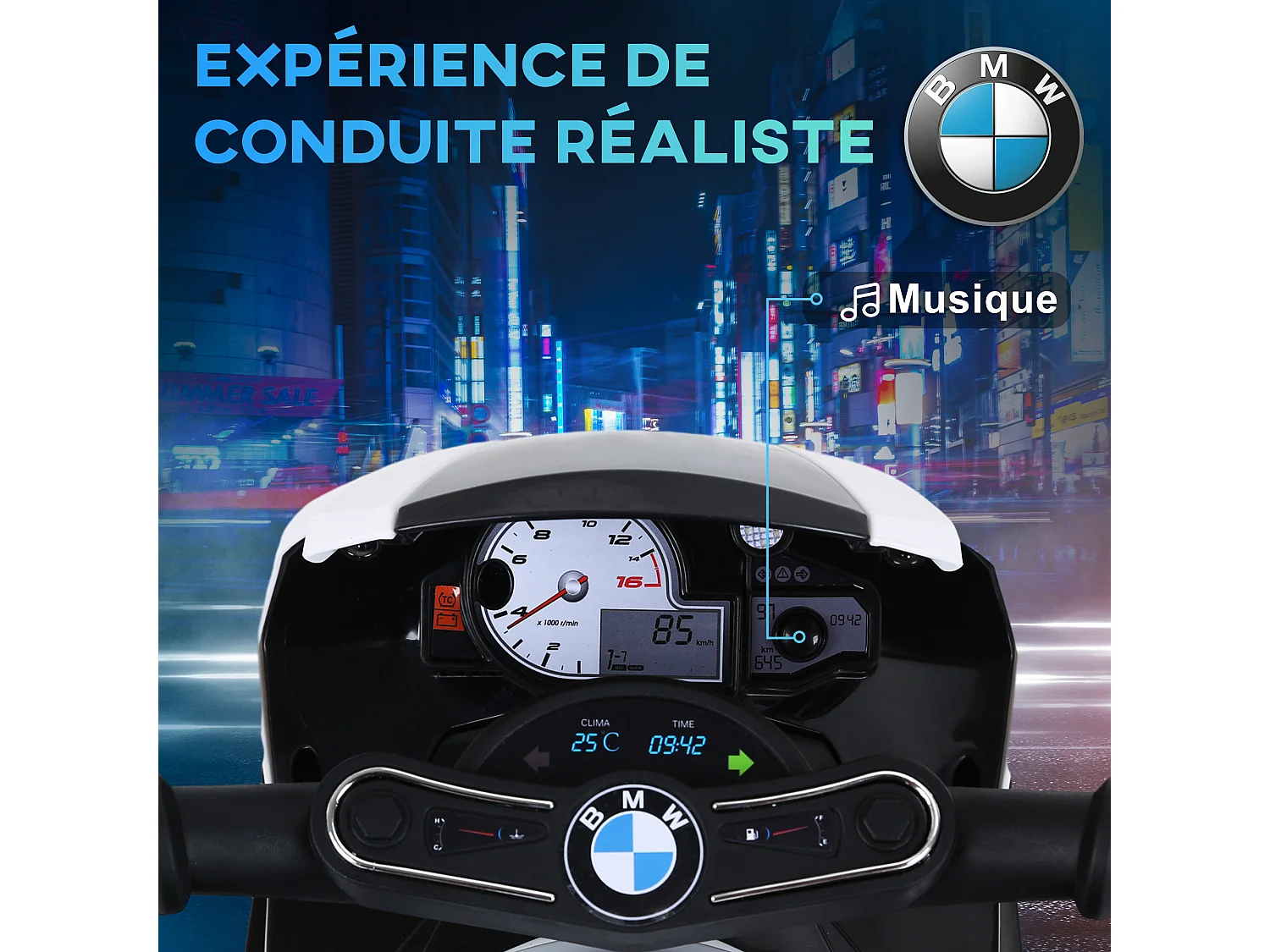 Moto électrique pour enfants 3 roues 6 V 2,5 Km/h effets lumineux et sonores noir BMW S1000 RR