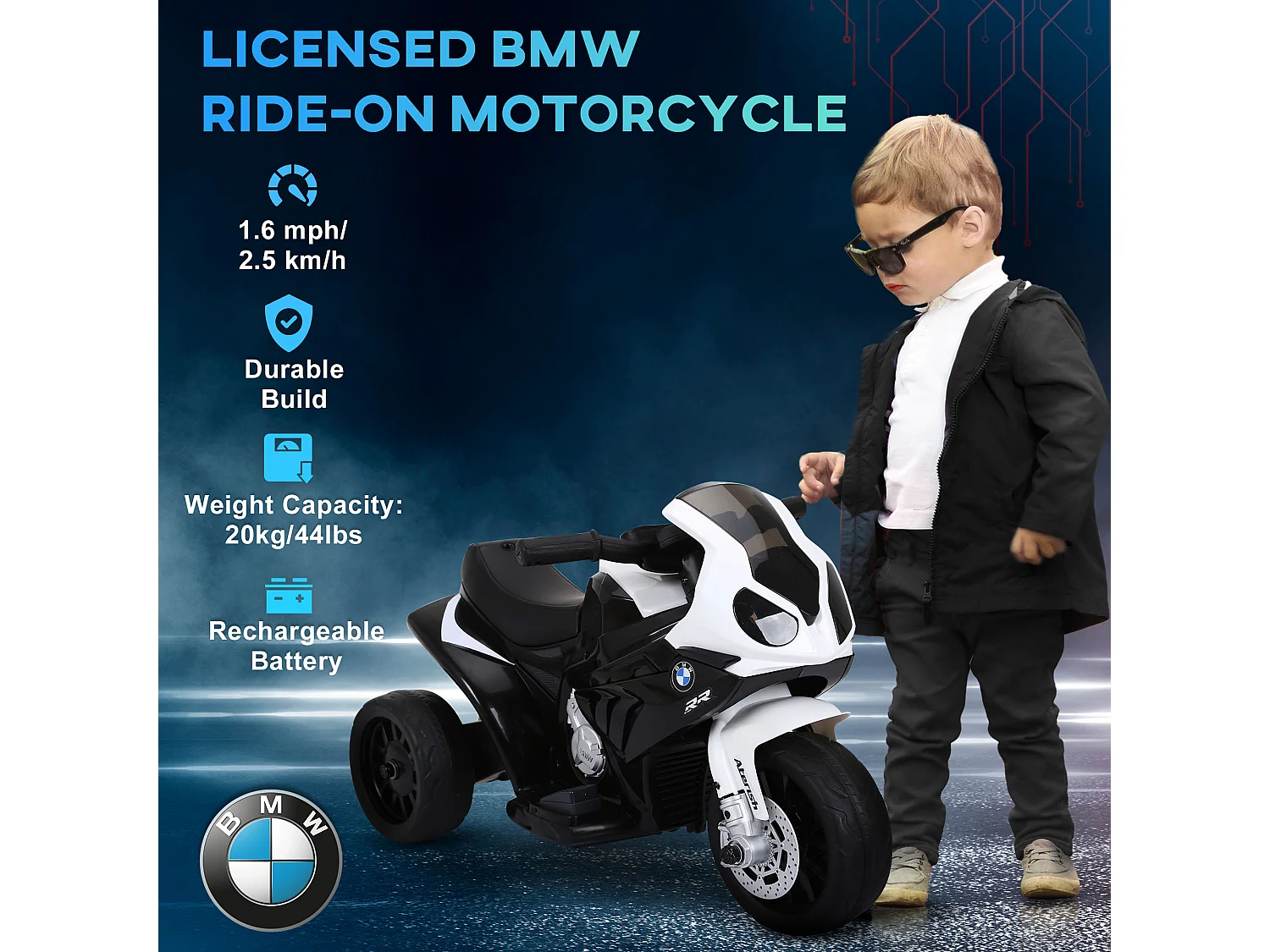 Moto électrique pour enfants 3 roues 6 V 2,5 Km/h effets lumineux et sonores noir BMW S1000 RR