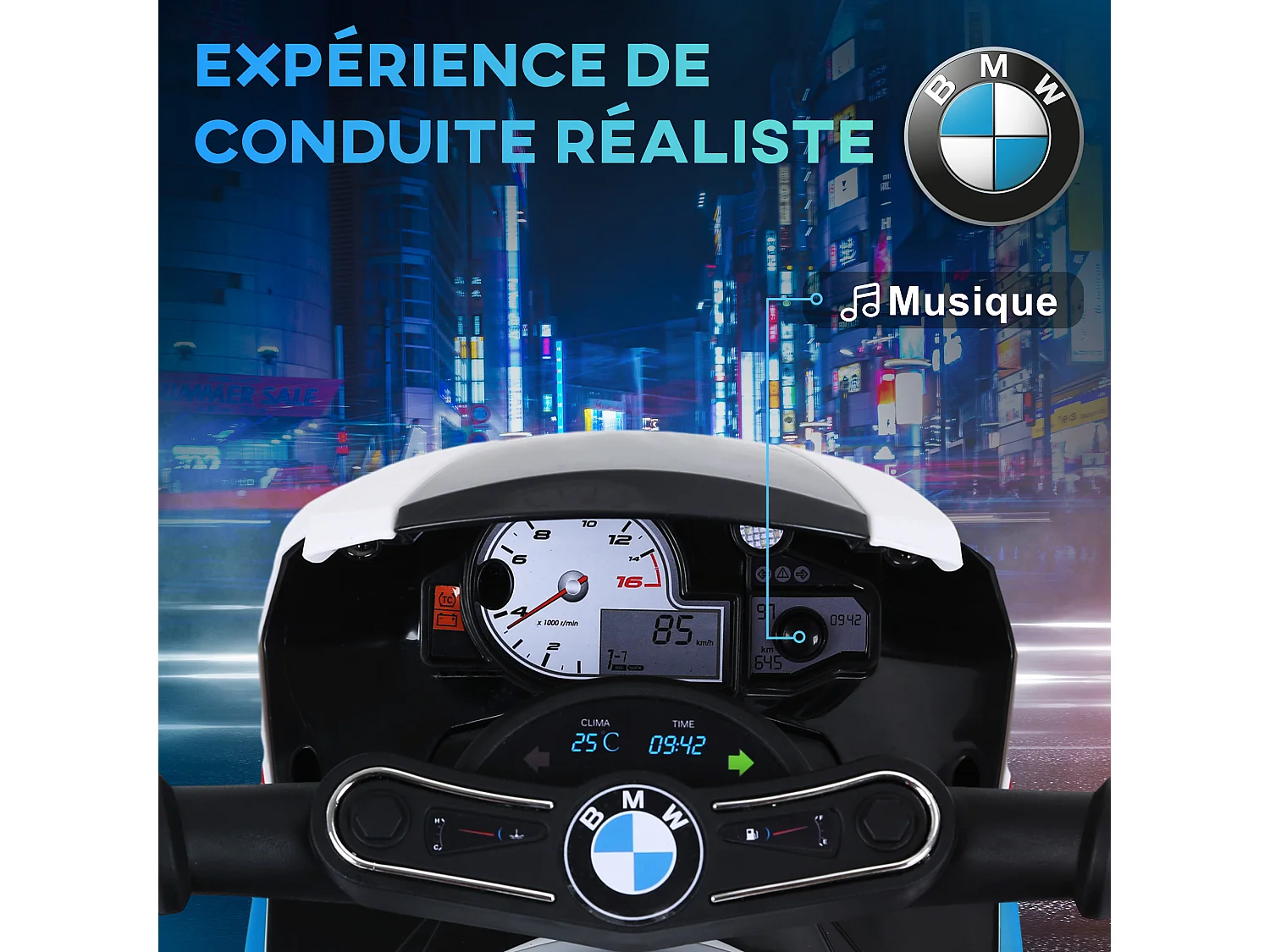 Moto électrique pour enfants 3 roues 6 V 2,5 Km/h effets lumineux et sonores bleu BMW S1000 RR