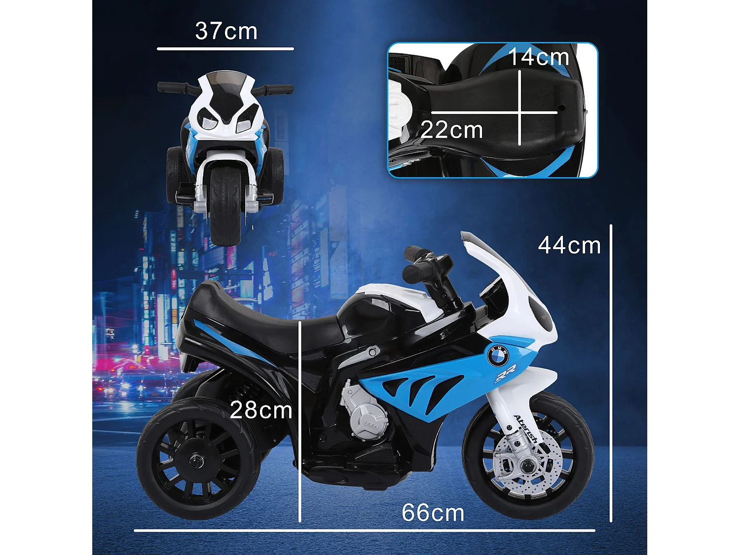 Moto électrique pour enfants 3 roues 6 V 2,5 Km/h effets lumineux et sonores bleu BMW S1000 RR
