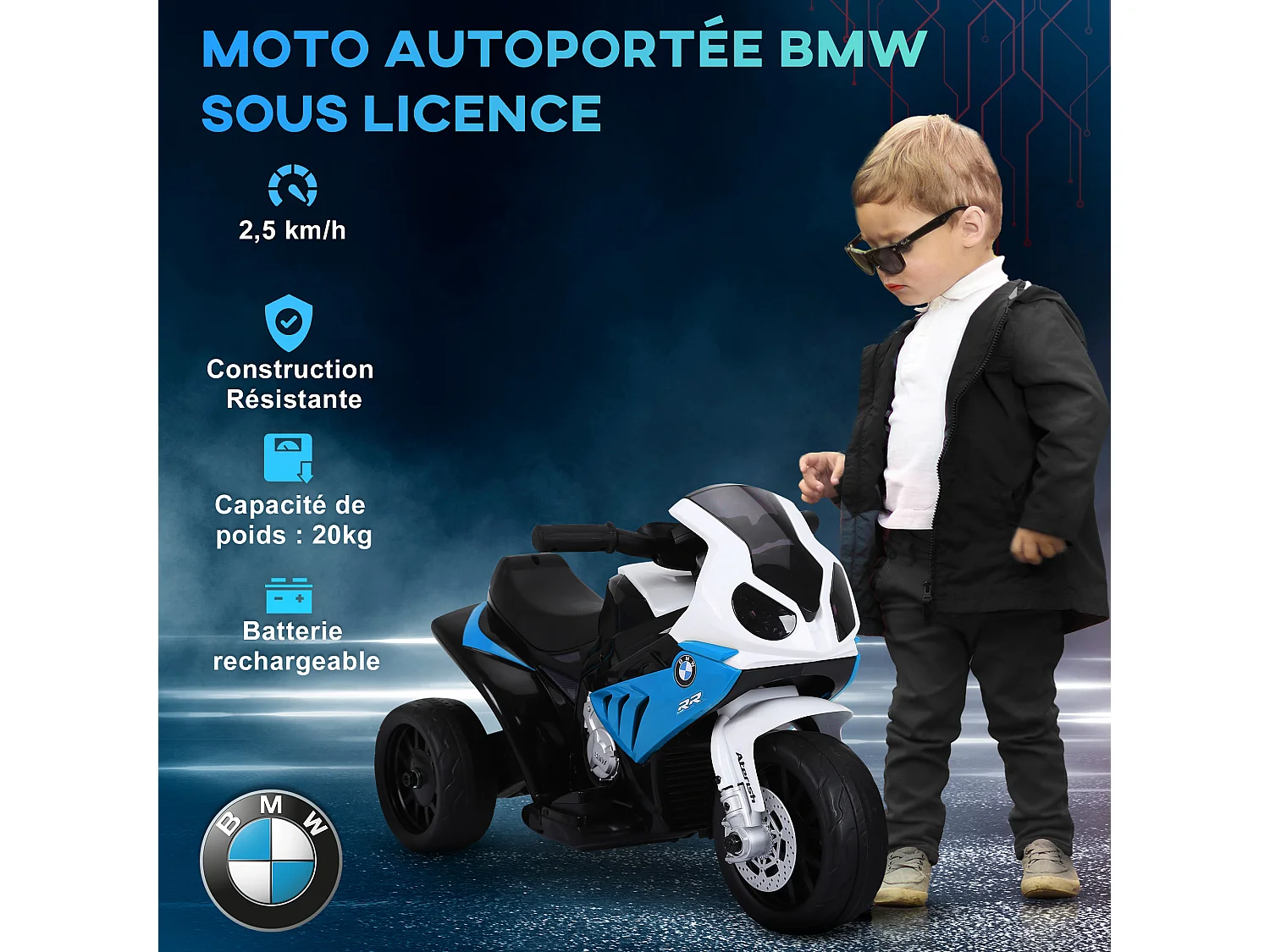Moto électrique pour enfants 3 roues 6 V 2,5 Km/h effets lumineux et sonores bleu BMW S1000 RR