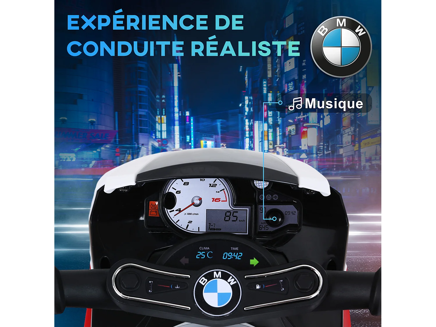 Moto électrique pour enfants 3 roues 6 V 2,5 Km/h effets lumineux et sonores rouge BMW S1000 RR