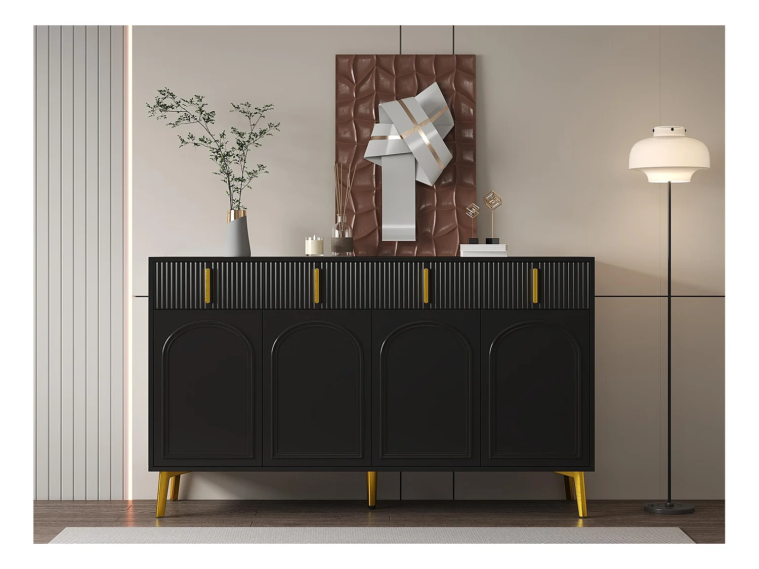 Buffet moderne- 2 portes vitrées avec 4 tiroirs et étagères réglables - Noir