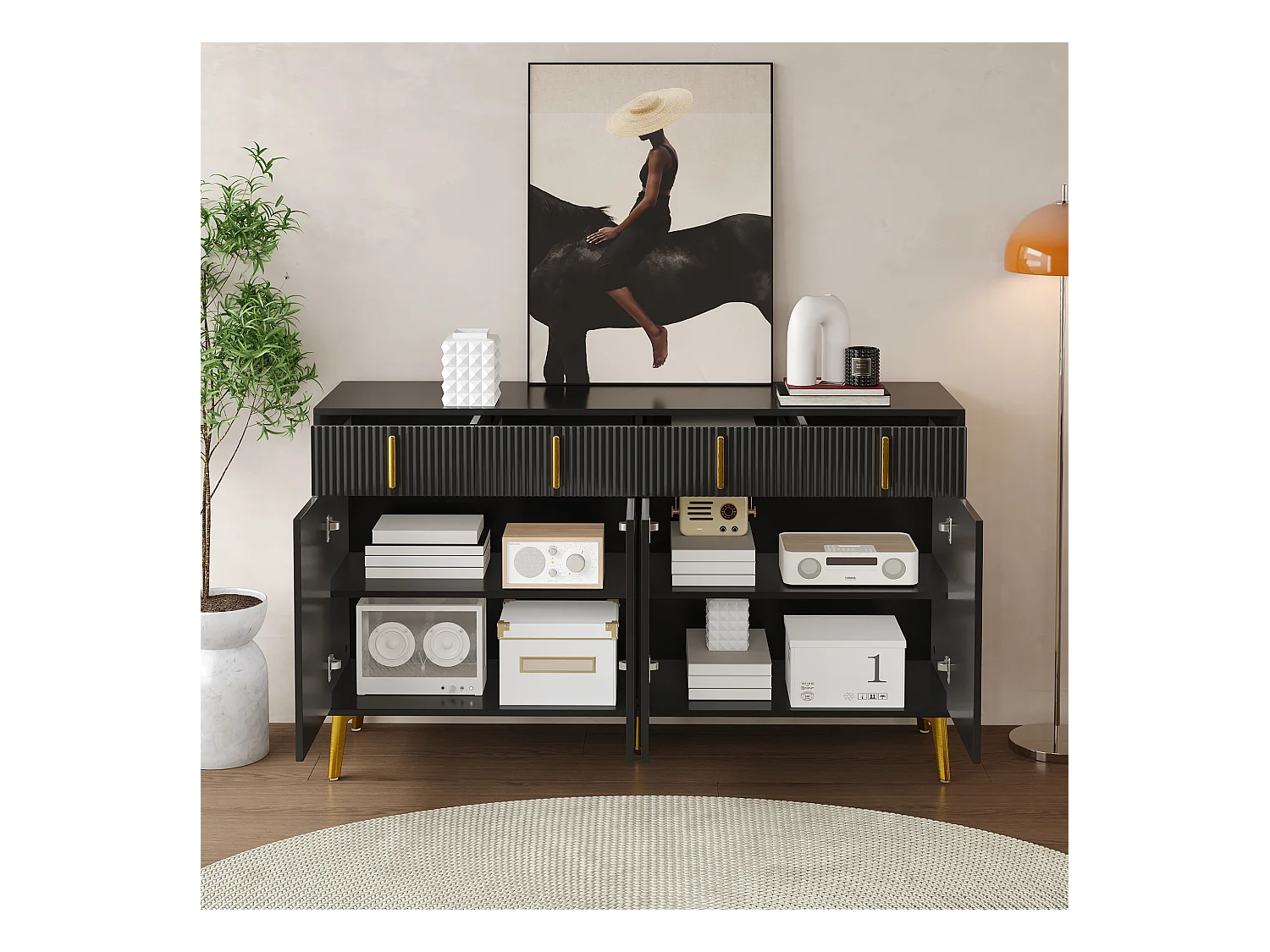 Buffet moderne- 2 portes vitrées avec 4 tiroirs et étagères réglables - Noir