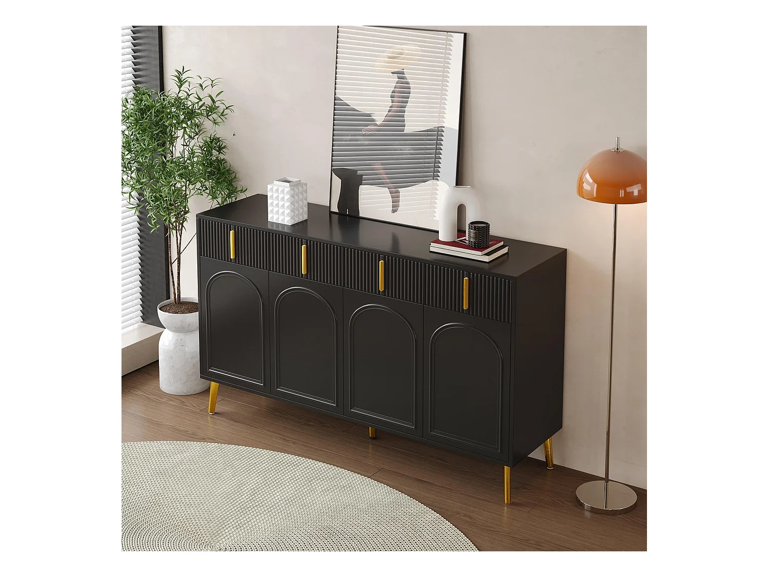 Buffet moderne- 2 portes vitrées avec 4 tiroirs et étagères réglables - Noir