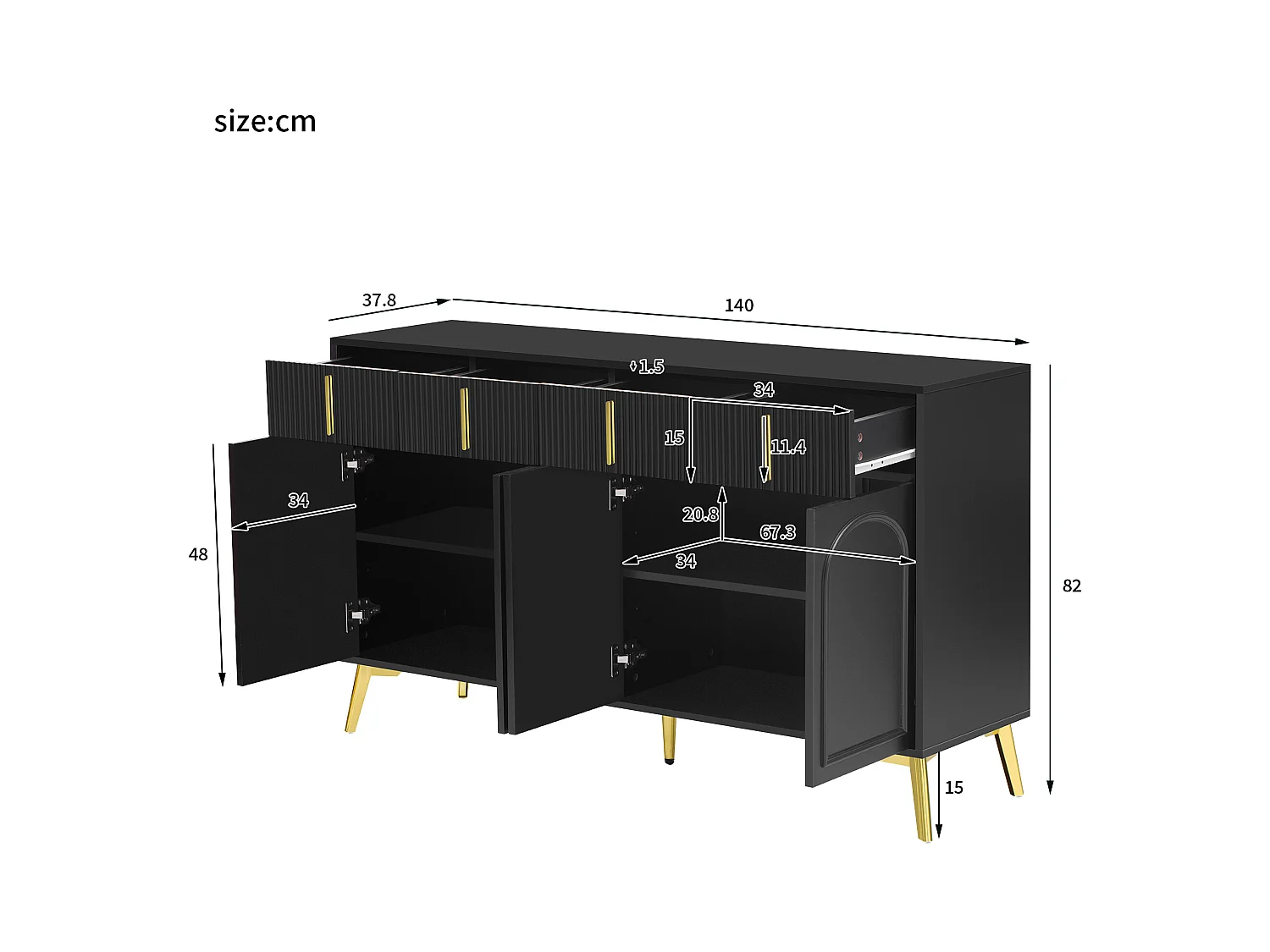 Buffet moderne- 2 portes vitrées avec 4 tiroirs et étagères réglables - Noir