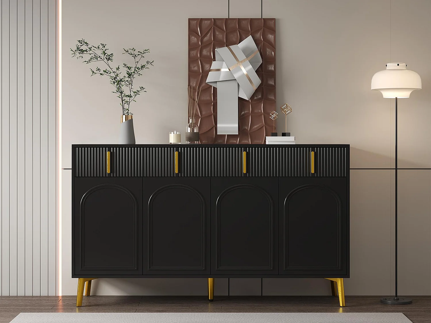 Buffet moderne- 2 portes vitrées avec 4 tiroirs et étagères réglables - Noir