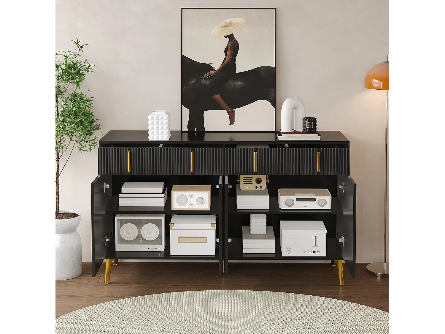 Buffet moderne- 2 portes vitrées avec 4 tiroirs et étagères réglables - Noir