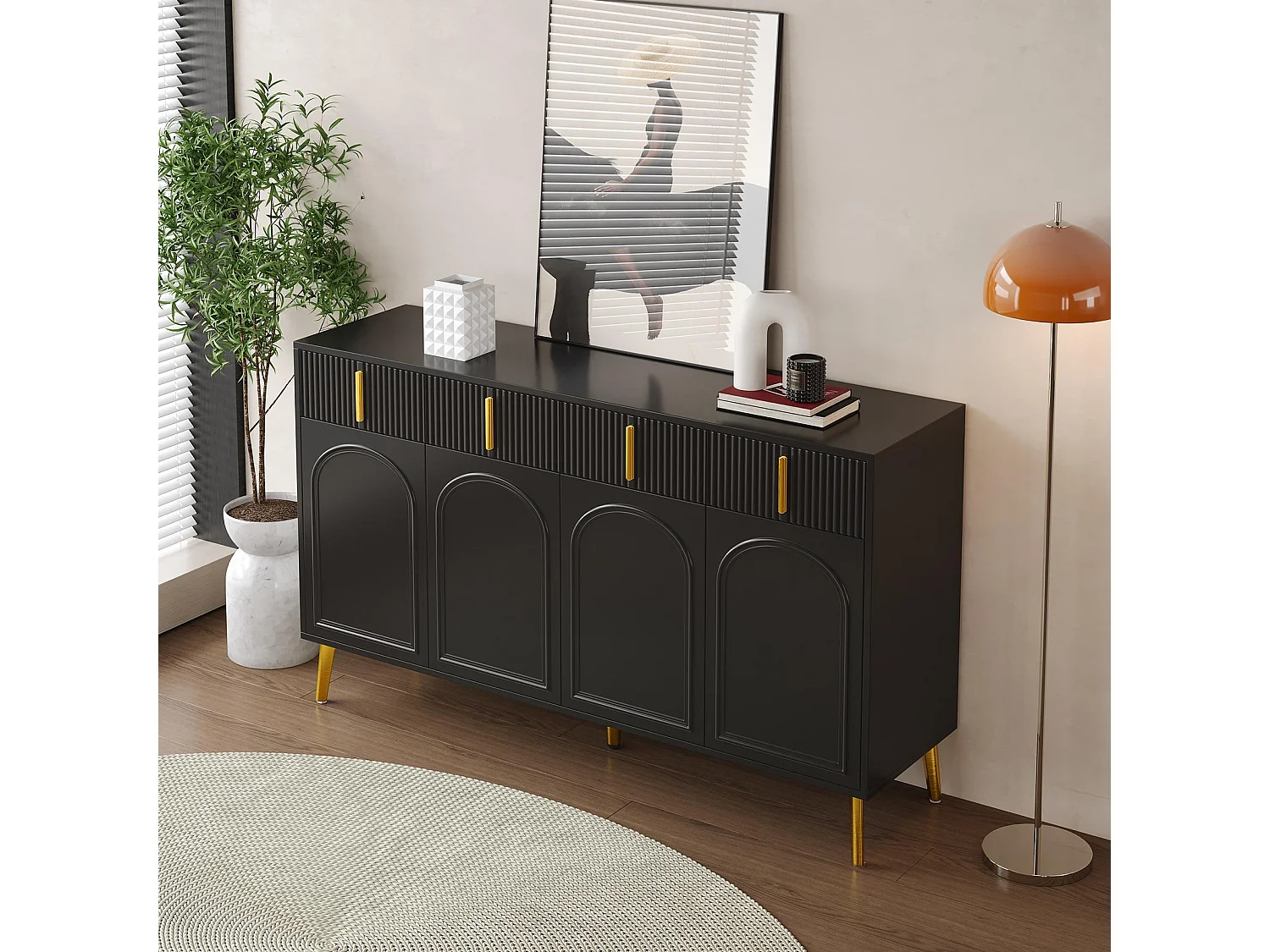 Buffet moderne- 2 portes vitrées avec 4 tiroirs et étagères réglables - Noir