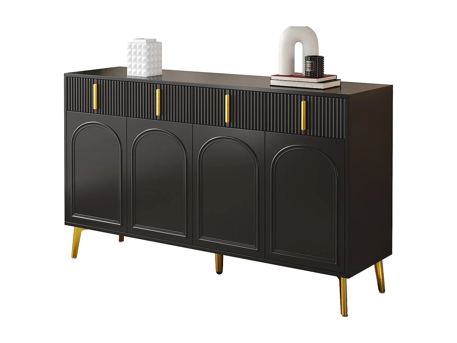 Buffet moderne- 2 portes vitrées avec 4 tiroirs et étagères réglables - Noir