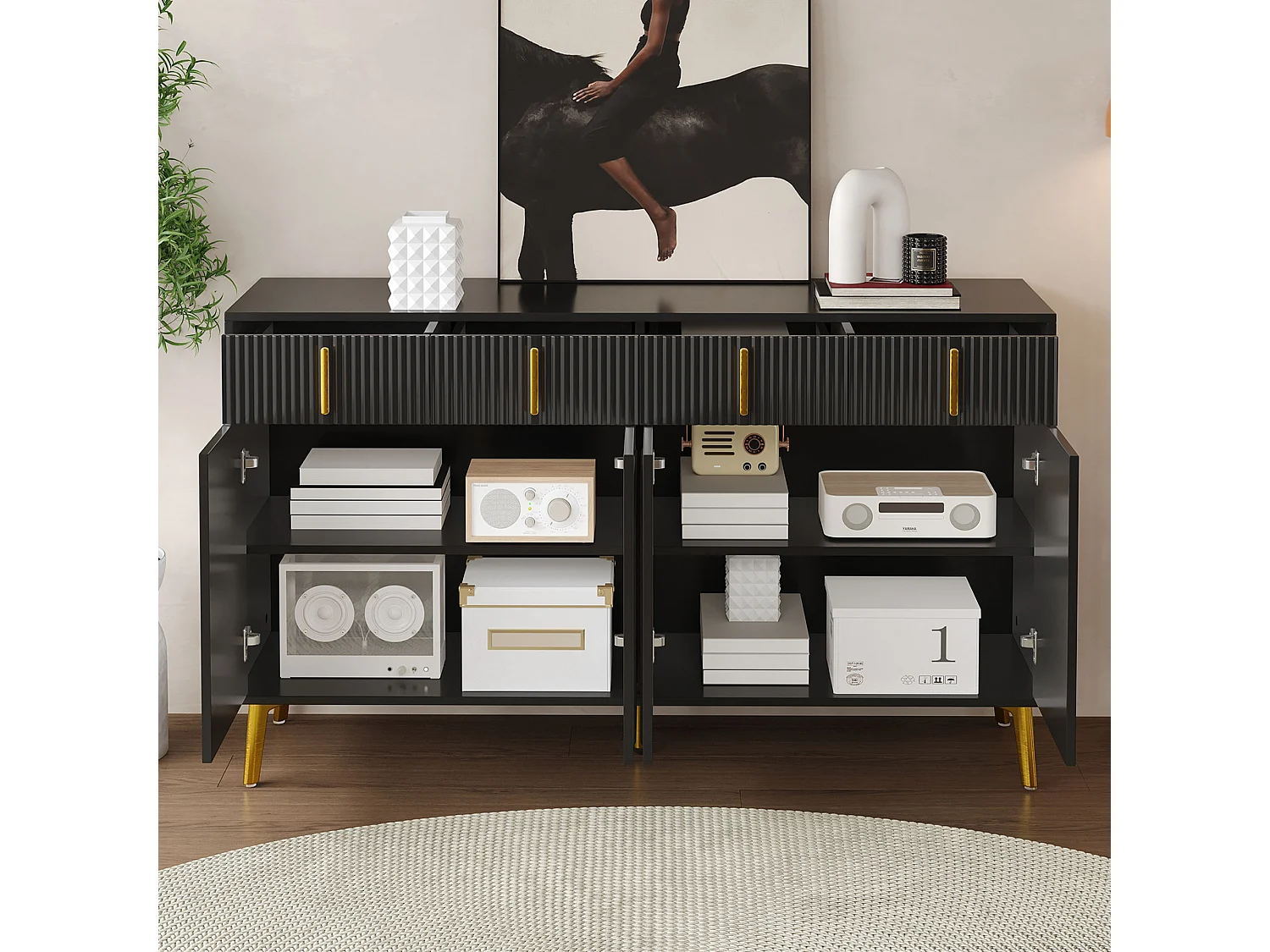 Buffet moderne- 2 portes vitrées avec 4 tiroirs et étagères réglables - Noir