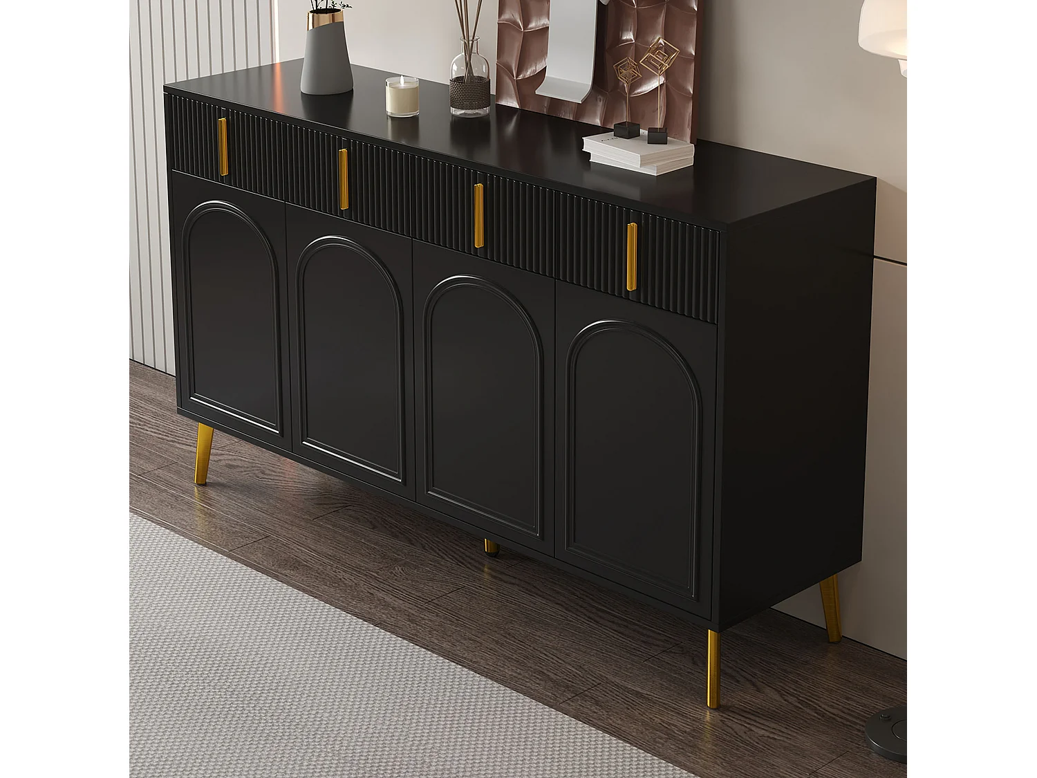 Buffet moderne- 2 portes vitrées avec 4 tiroirs et étagères réglables - Noir