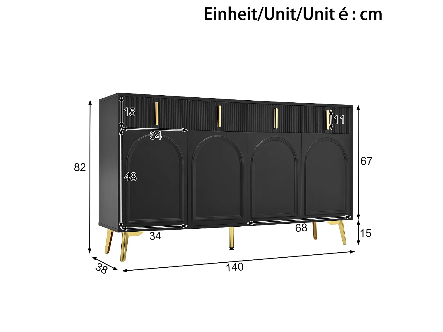 Buffet moderne- 2 portes vitrées avec 4 tiroirs et étagères réglables - Noir