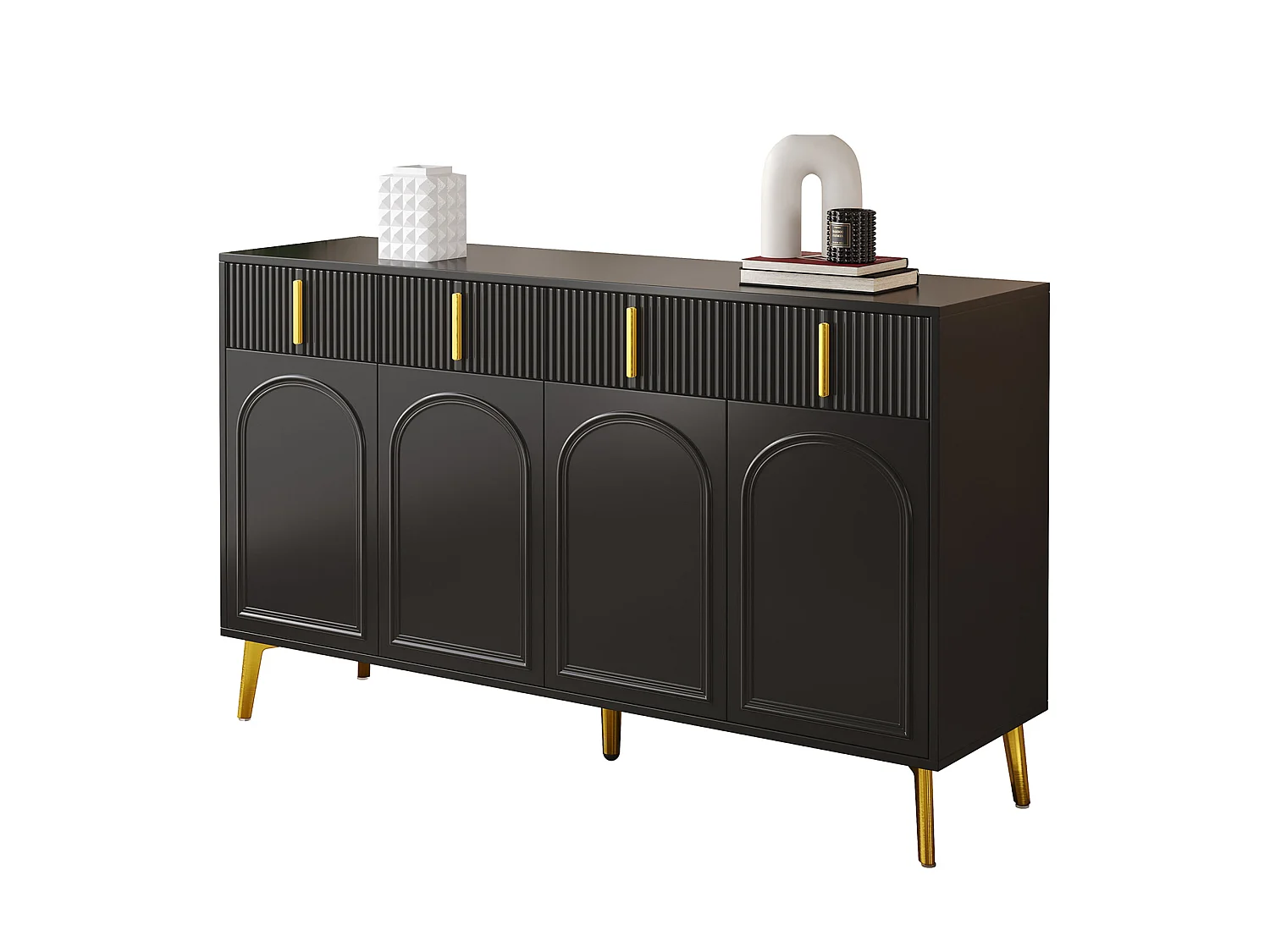 Buffet moderne- 2 portes vitrées avec 4 tiroirs et étagères réglables - Noir