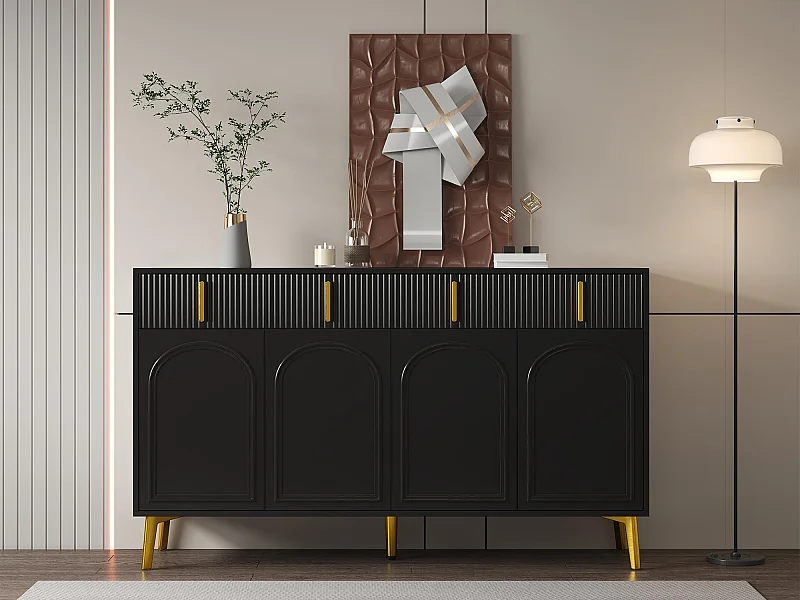 Buffet moderne- 2 portes vitrées avec 4 tiroirs et étagères réglables - Noir