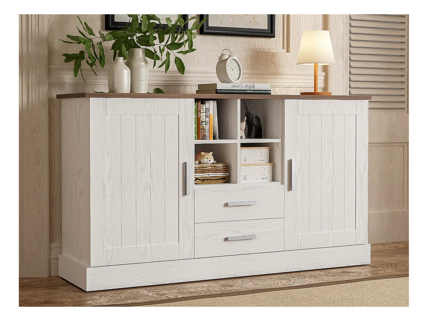 Buffet classique - avec 2 portes 2 tiroirs 4 compartiments - Blanc