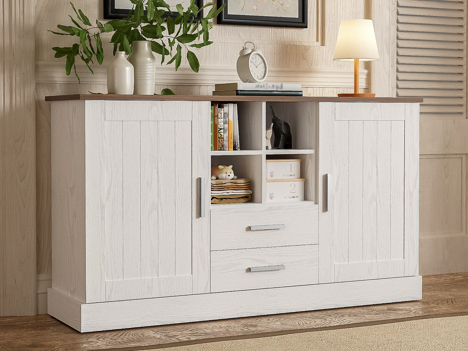 Klassisches Sideboard – mit 2 Türen, 2 Schubladen und 4 Fächern – Weiß