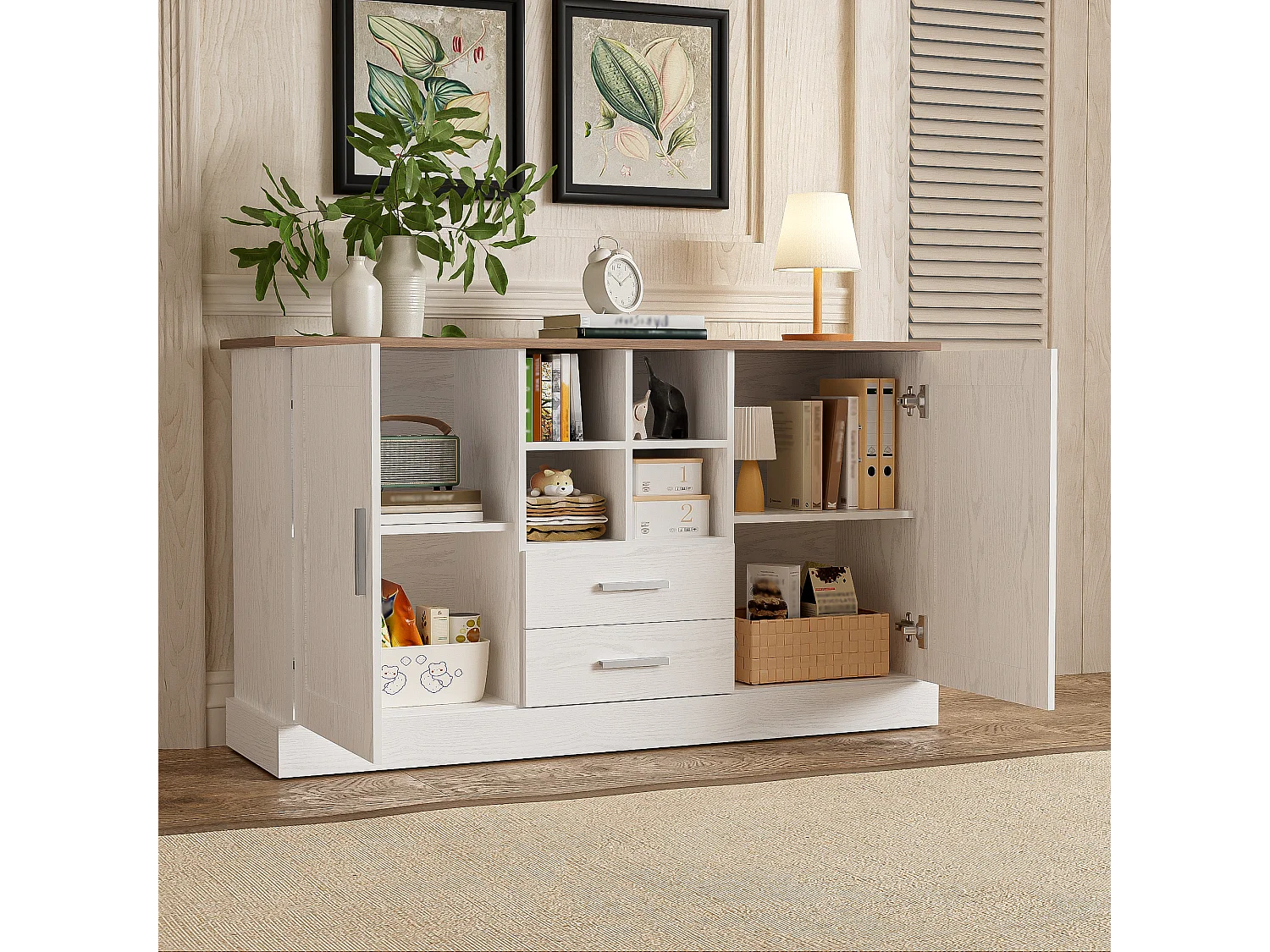 Klassisches Sideboard – mit 2 Türen, 2 Schubladen und 4 Fächern – Weiß