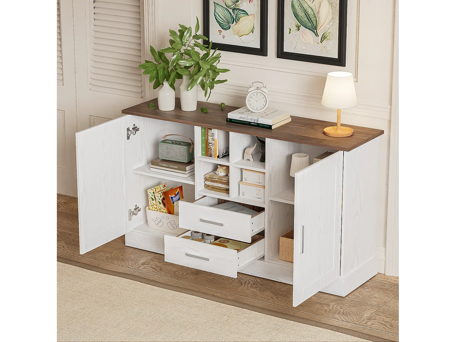 Klassisches Sideboard – mit 2 Türen, 2 Schubladen und 4 Fächern – Weiß