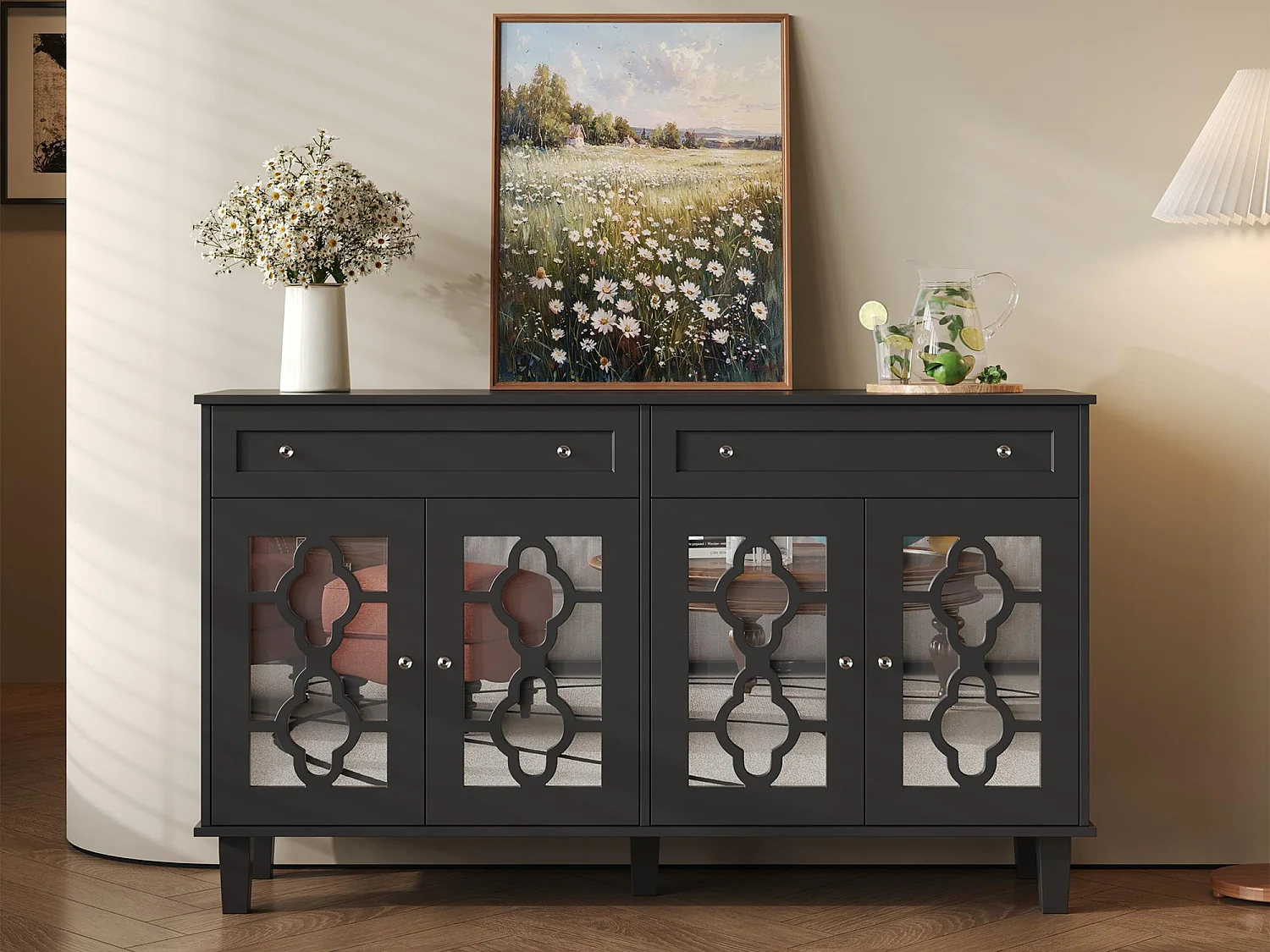 Laag dressoir - 2 glazen deuren met 2 lades en verstelbare planken - Zwart