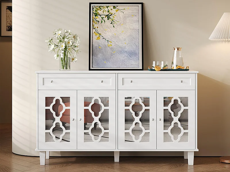 Niedriges Sideboard – 2 Glastüren mit 2 Schubladen und verstellbaren Einlegeböden – Weiß
