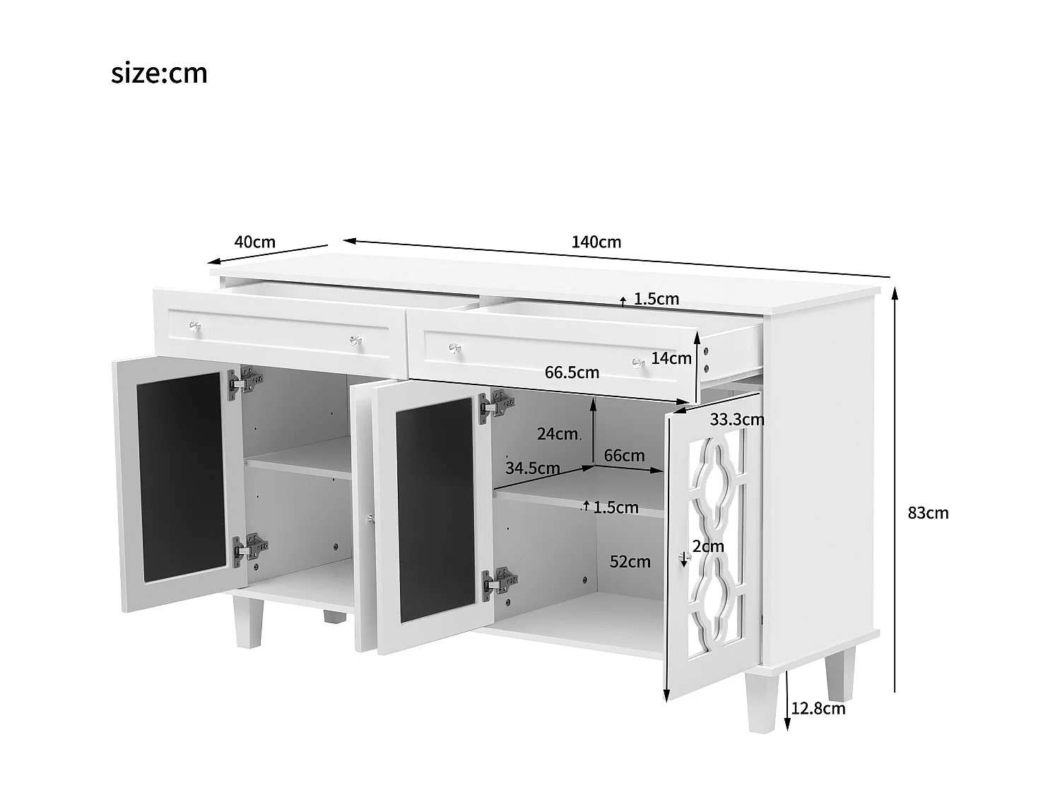 Buffet bas - 2 portes vitrées avec 2 tiroirs et étagères réglables - Blanc