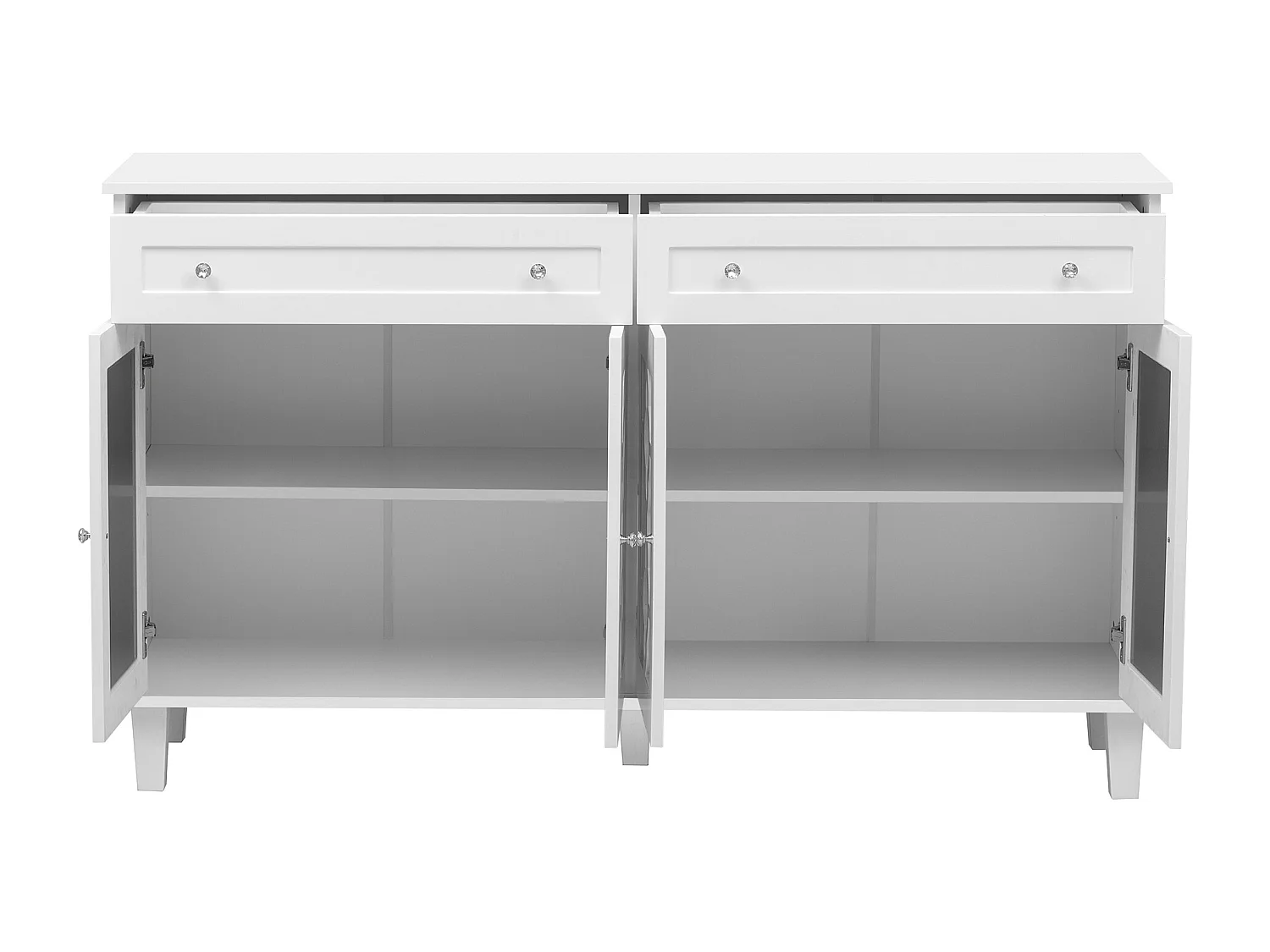 Buffet bas - 2 portes vitrées avec 2 tiroirs et étagères réglables - Blanc