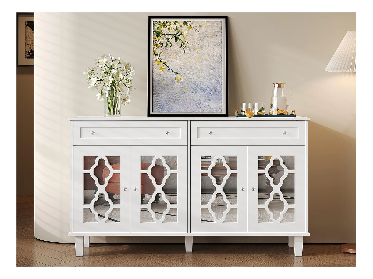 Laag dressoir - 2 glazen deuren met 2 lades en verstelbare planken - Wit
