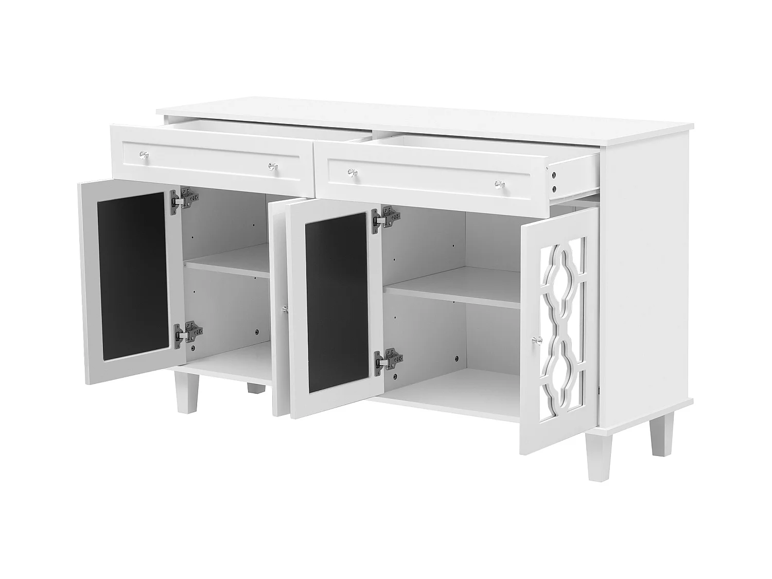 Buffet bas - 2 portes vitrées avec 2 tiroirs et étagères réglables - Blanc