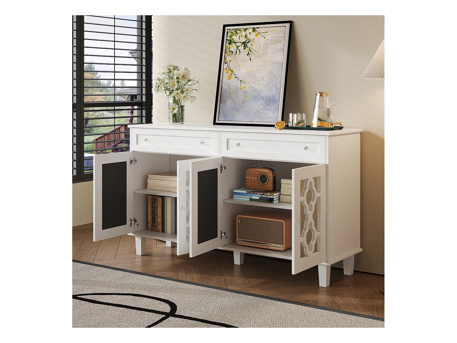Buffet bas - 2 portes vitrées avec 2 tiroirs et étagères réglables - Blanc