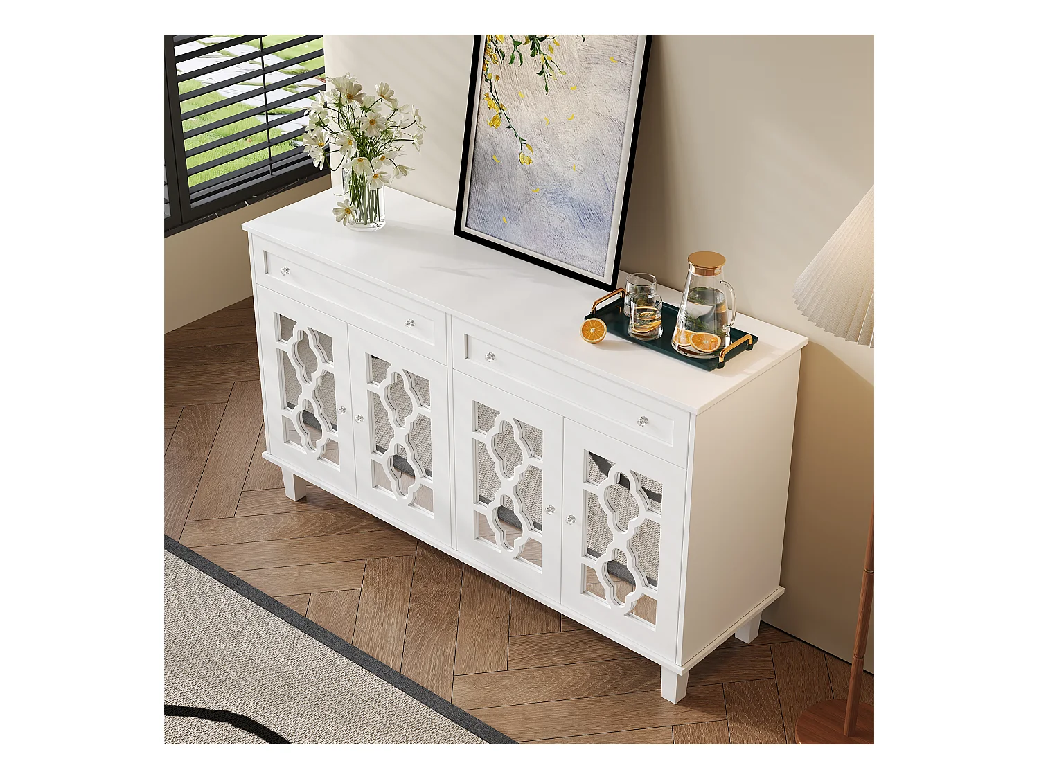 Buffet bas - 2 portes vitrées avec 2 tiroirs et étagères réglables - Blanc
