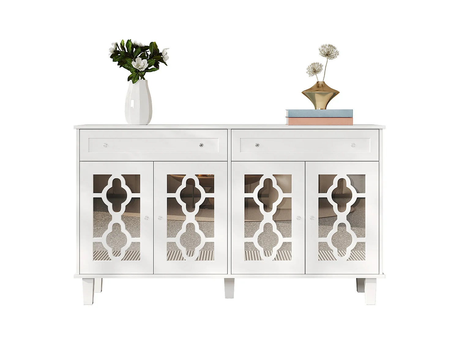 Buffet bas - 2 portes vitrées avec 2 tiroirs et étagères réglables - Blanc