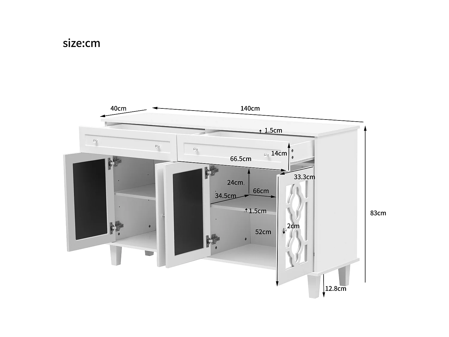 Buffet bas - 2 portes vitrées avec 2 tiroirs et étagères réglables - Blanc