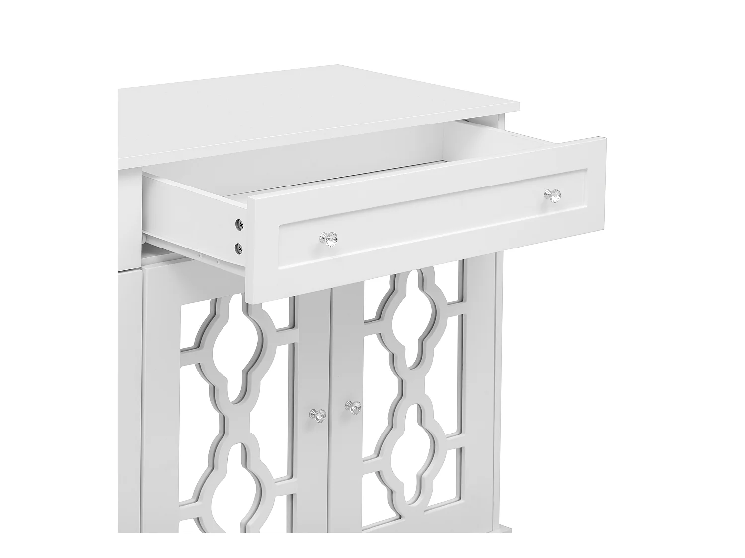 Buffet bas - 2 portes vitrées avec 2 tiroirs et étagères réglables - Blanc