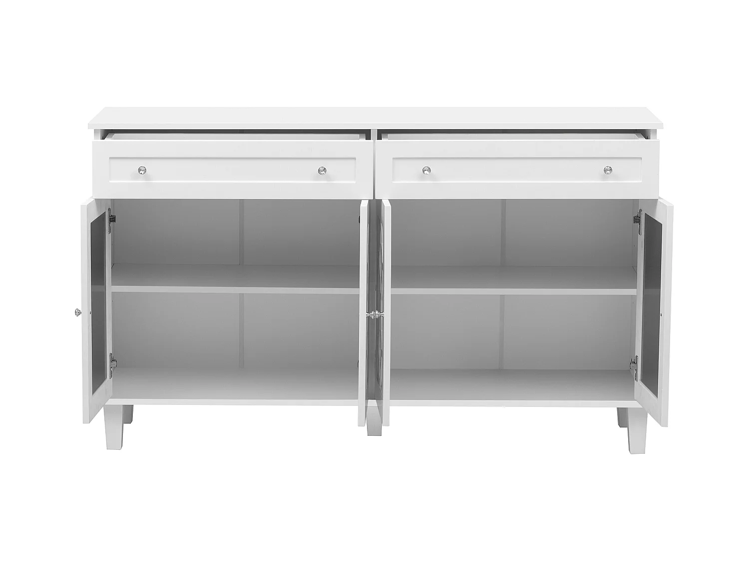 Buffet bas - 2 portes vitrées avec 2 tiroirs et étagères réglables - Blanc