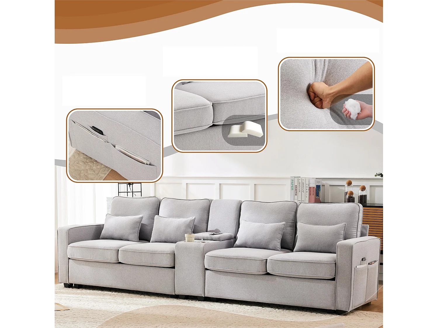 Modernes 4-Sitzer-Sofa aus Leinenstoff – mit USB-Anschlüssen und 2 Getränkehaltern – Hellgrau