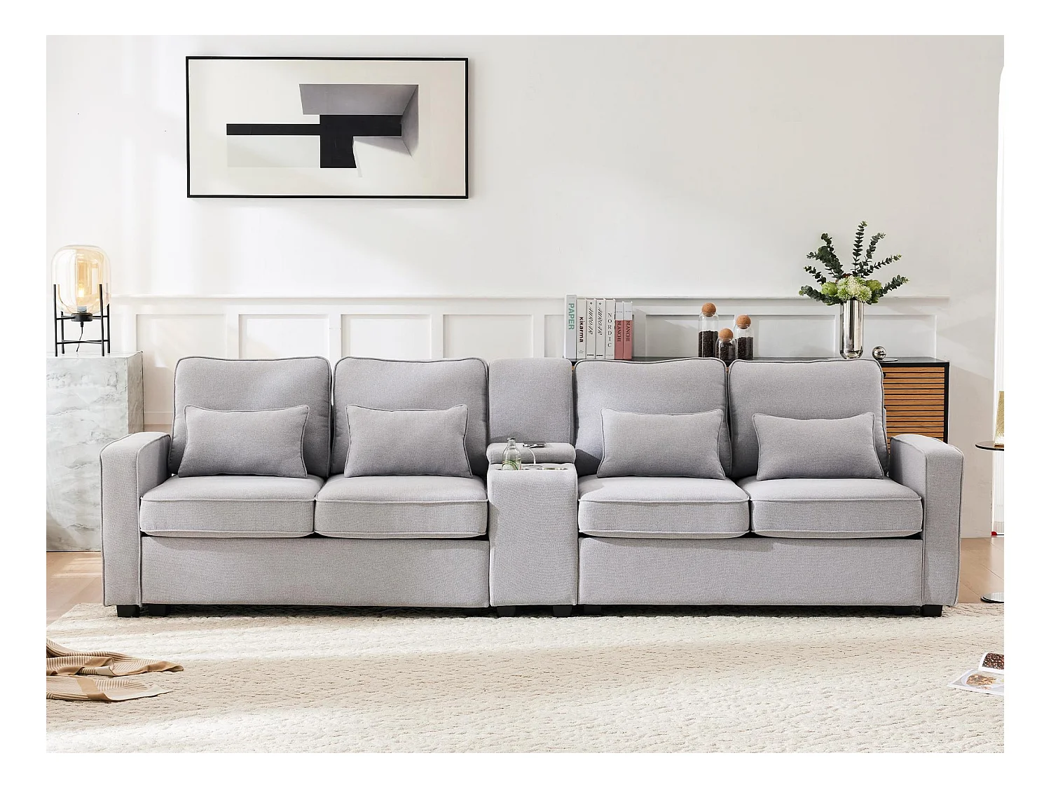 Canapé moderne 4 places en tissu lin - avec ports USB et 2 porte-gobelets - Gris clair