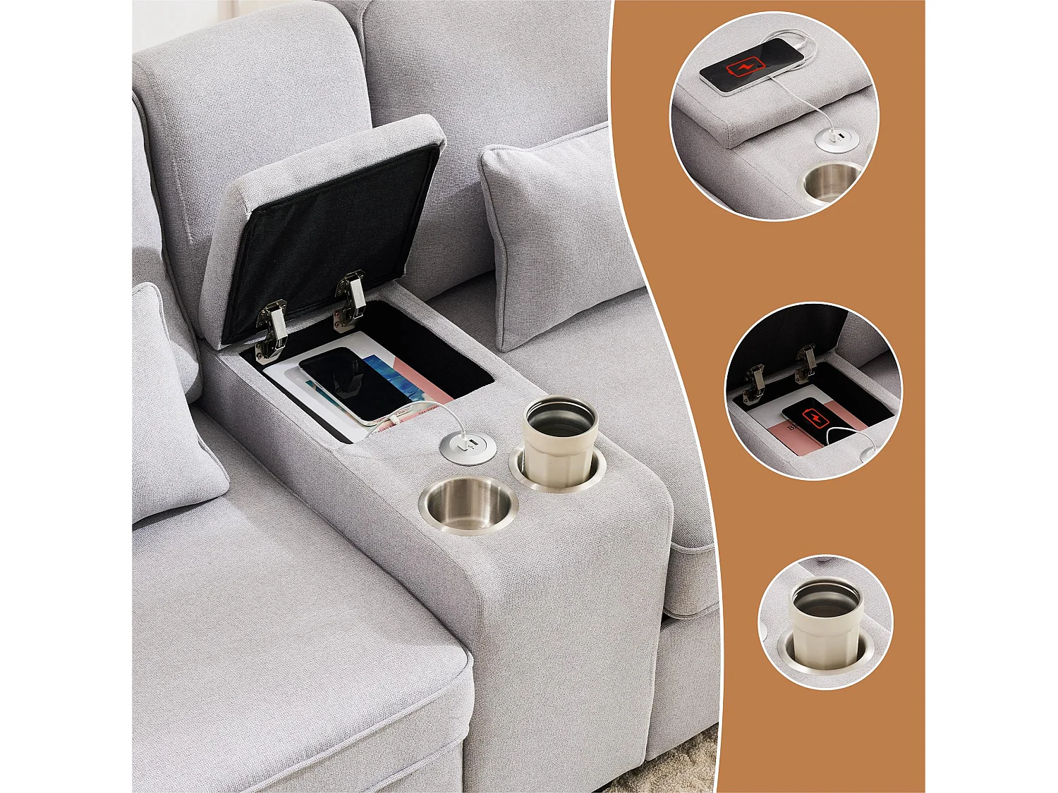 Modernes 4-Sitzer-Sofa aus Leinenstoff – mit USB-Anschlüssen und 2 Getränkehaltern – Hellgrau