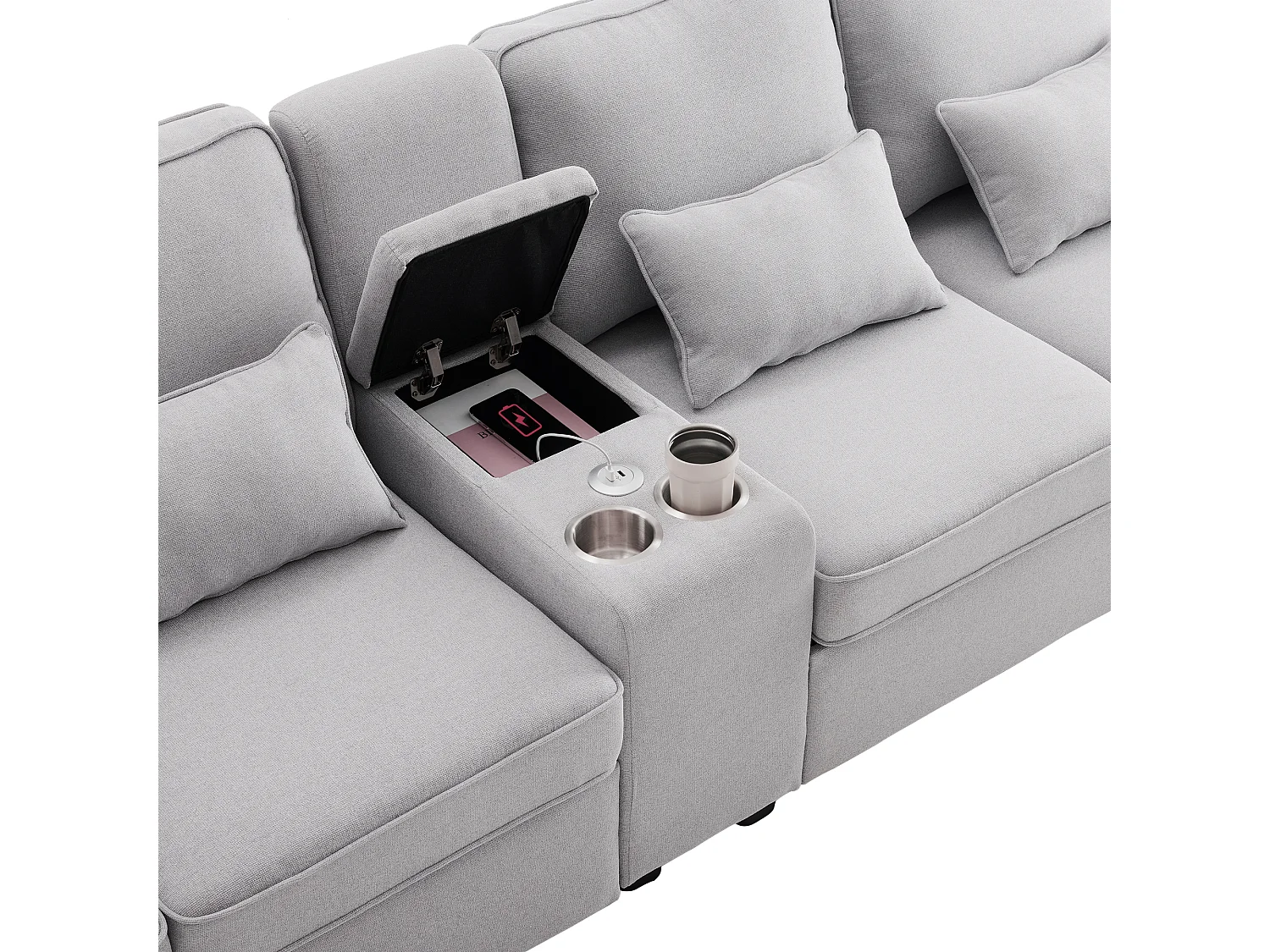 Modernes 4-Sitzer-Sofa aus Leinenstoff – mit USB-Anschlüssen und 2 Getränkehaltern – Hellgrau