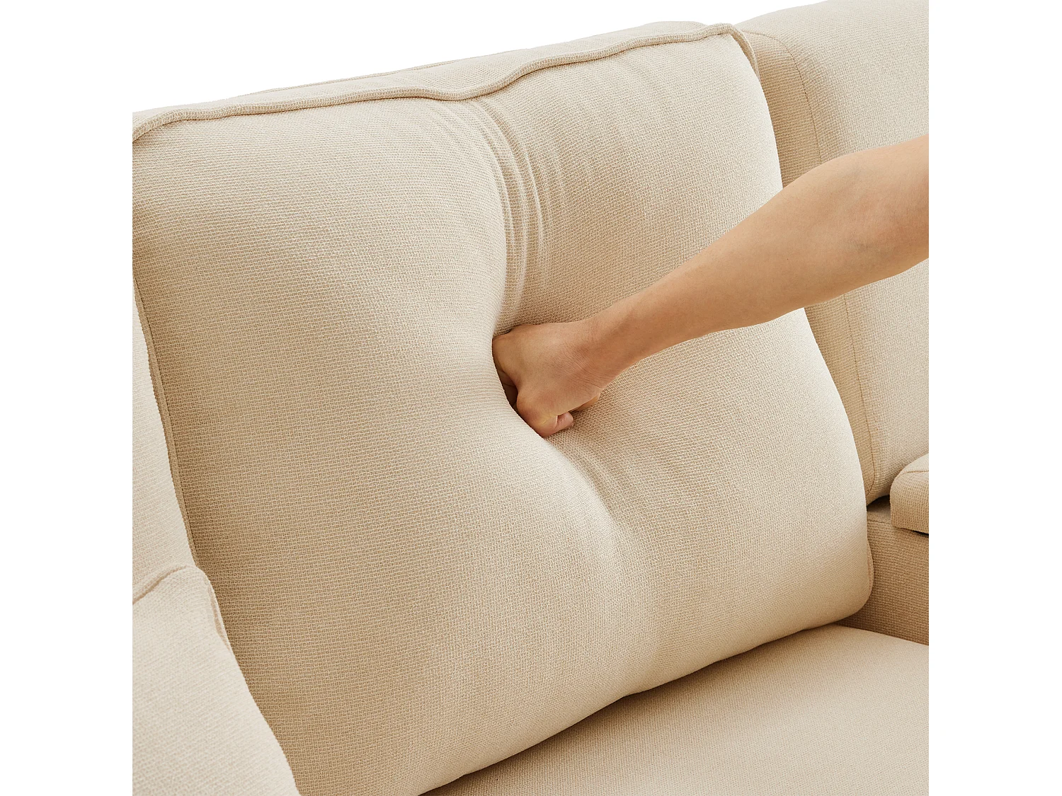 Sofá moderno de 4 lugares em tecido de linho - com portas USB e 2 bases para copos - Bege